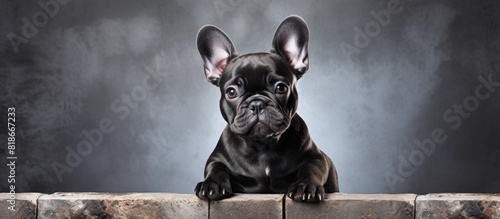 A charming black French bulldog puppy poses for a portrait against a grungy wall emanating cuteness and showcasing the bond between humans and their beloved pets Copy space image