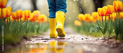 A baby wearing yellow rubber boots walks on a trail lined with colorful tulips carrying a yellow umbrella Spring scenery with a copy space image for sunny photography 151 characters #818667266
