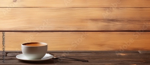 A copy space image of a delicious cup of espresso coffee complete with a spoon placed on a wooden table all set for a delightful breakfast 144 characters