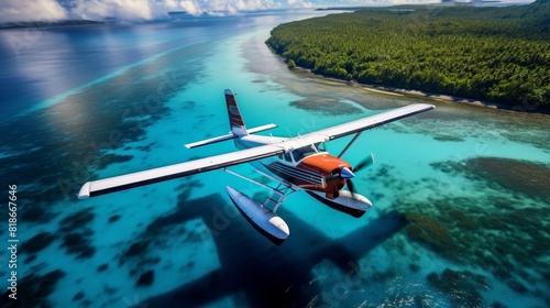 Seaplane adventure Illustrate a seaplane landing in the pristine waters of a remote island photo