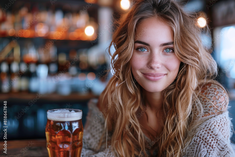 Latin hispanic woman enjoys her break at a cafe and drinks beer on table