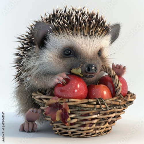 Funny 3D cartoon hedgehog with a basket of apples close-up isolated on a white background. Cute character for children's literature. Template for printing on fabric, T-shirts, paper, children's clothi photo