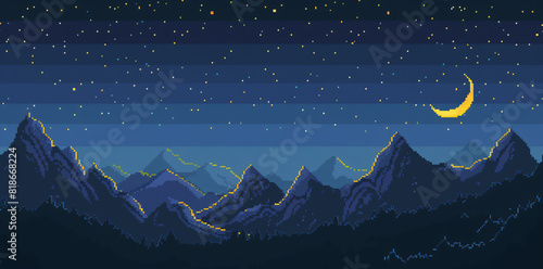 8-bit video game pixel art mountain landscape with stars and moon in the sky