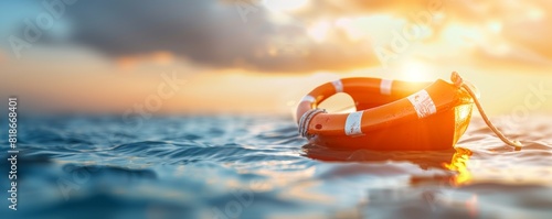 Clean and colorful illustration of a sinking ship with a life preserver, representing safety measures and contingency plans in business, minimalistic style with space for text photo