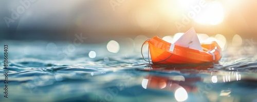 Clean and colorful illustration of a sinking ship with a life preserver, representing safety measures and contingency plans in business, minimalistic style with space for text photo