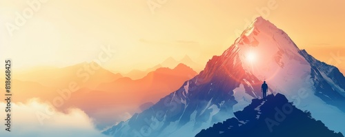 Colorful and clean depiction of a pathway leading to a mountain peak, representing the climb to business success, minimalist illustration with space for text