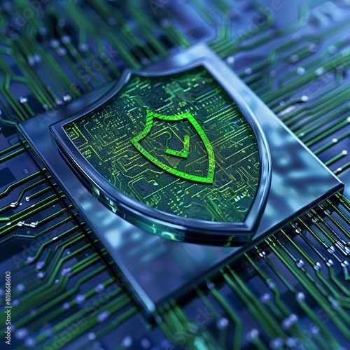A digital shield icon on a motherboard symbolizes cybersecurity, data protection, and network security in technology and computing. photo