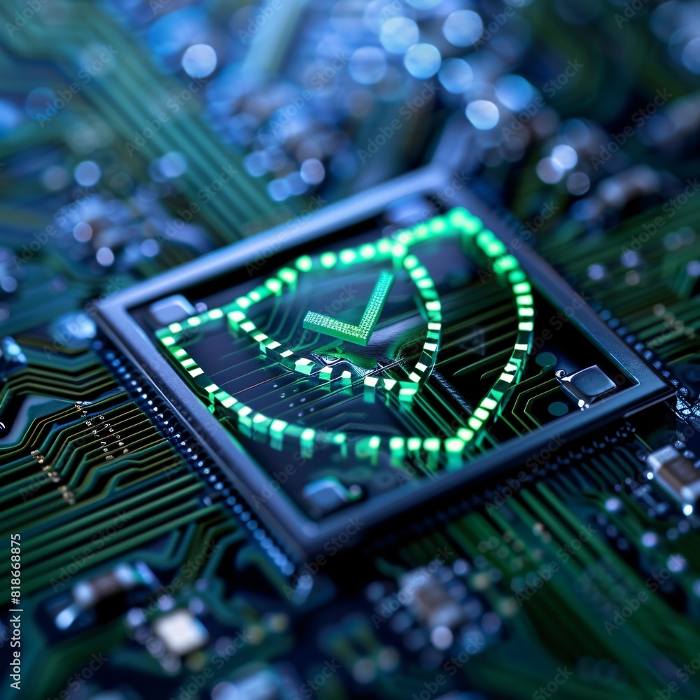 Close-up of a computer chip with a green security symbol, representing cybersecurity and data protection technology. Close-up of a computer chip with a green security symbol, representing cybersecurity and data protection technology.