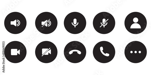 Phone calling icon set. Streaming icon set. Video call buttons set. Collection of internet conversation buttons. Camera, handset, microphone, speaker, message, and profile vector