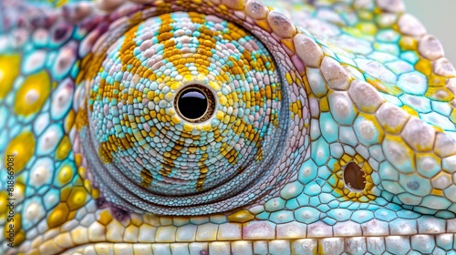 Detailed close up of chameleon eye with hyperrealistic texture in high quality photography shot photo