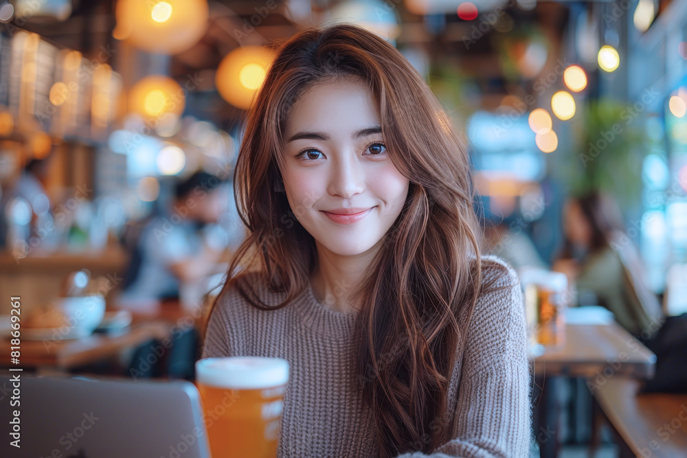 Malay woman working remote from a cafe and drink beer on table Malay woman working remote from a cafe and drink beer on table
