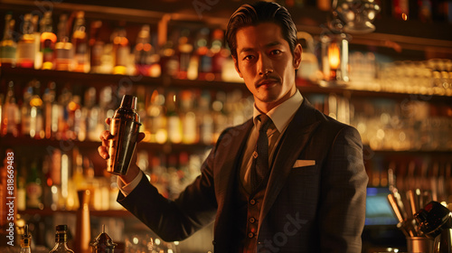 A cool Asian bartender in a suit manufactures a cocktail