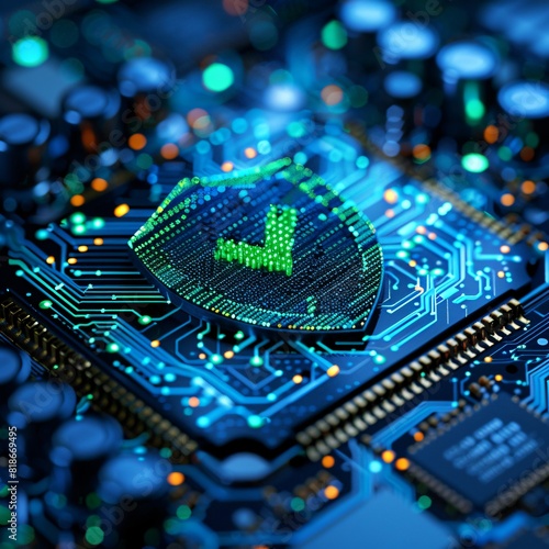 Close-up of a glowing shield icon on a computer motherboard representing cybersecurity and protection in advanced digital technology.