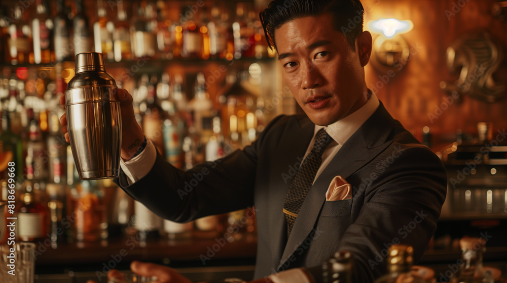 A cool Asian bartender in a suit manufactures a cocktail