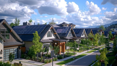  A suburban neighborhood with residential homes equipped with solar panels and battery storage systems  showcasing the decentralized energy generation and storage model 