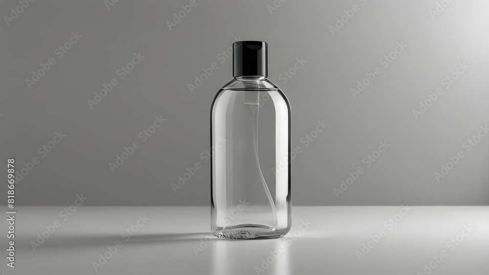 Transparent bottle for cosmetic products without logo on neutral white background Transparent bottle for cosmetic products without logo on neutral white background