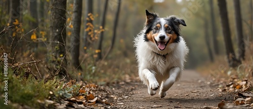 joyful border collie dog runs along a forest road