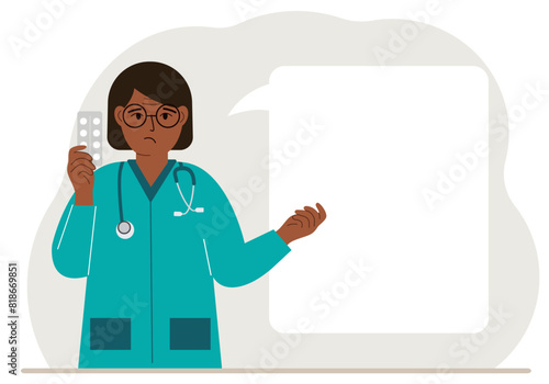 A female doctor holds pills in his hand. There is space for text next to it. Vector flat illustration.