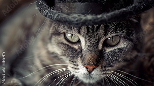A close-up shot of a cute cat's face, wearing a small stylish hat, with a fur texture background adding elegance