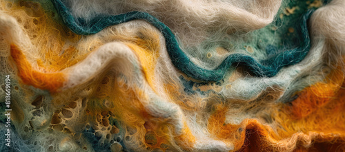 Closeup of soft and curly wool texture with a mix of mustard, teal, green and orange photo