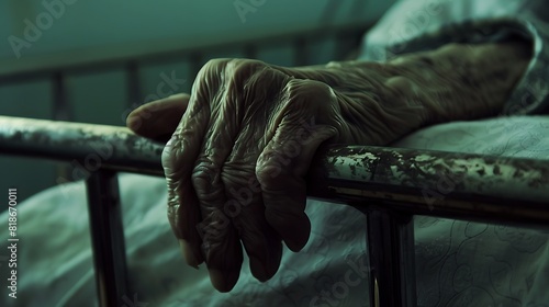 A close-up shot of weathered hands clutching a hospital bedrail, hinting at the frailty of life photo