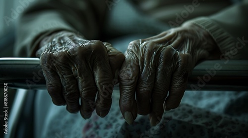 A close-up shot of weathered hands clutching a hospital bedrail, hinting at the frailty of life photo
