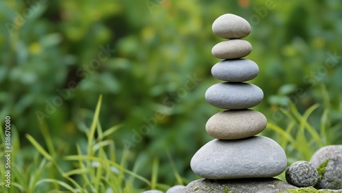 stones stand on top of each other in a pyramid against a background of greenery and nature