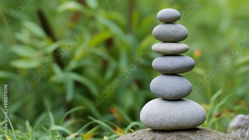 stones stand on top of each other in a pyramid against a background of greenery and nature