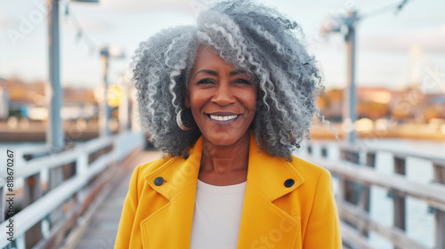 A woman with gray hair is smiling, wearing a yellow jacket. She is standing on a bridge. Lifestyle portrait of happy mature black woman with curly gray hair walking along idyllic waterfront boardwalk