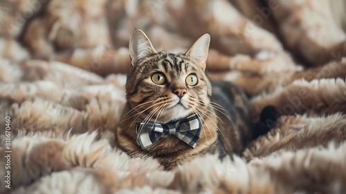 A cute cat with a fashionable bow tie sitting elegantly on a plush fur blanket, exuding luxury and style photo