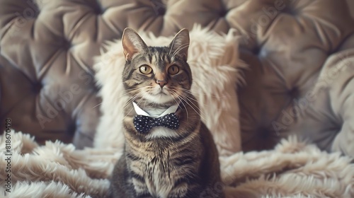 A cute cat with a fashionable bow tie sitting elegantly on a plush fur blanket, exuding luxury and style