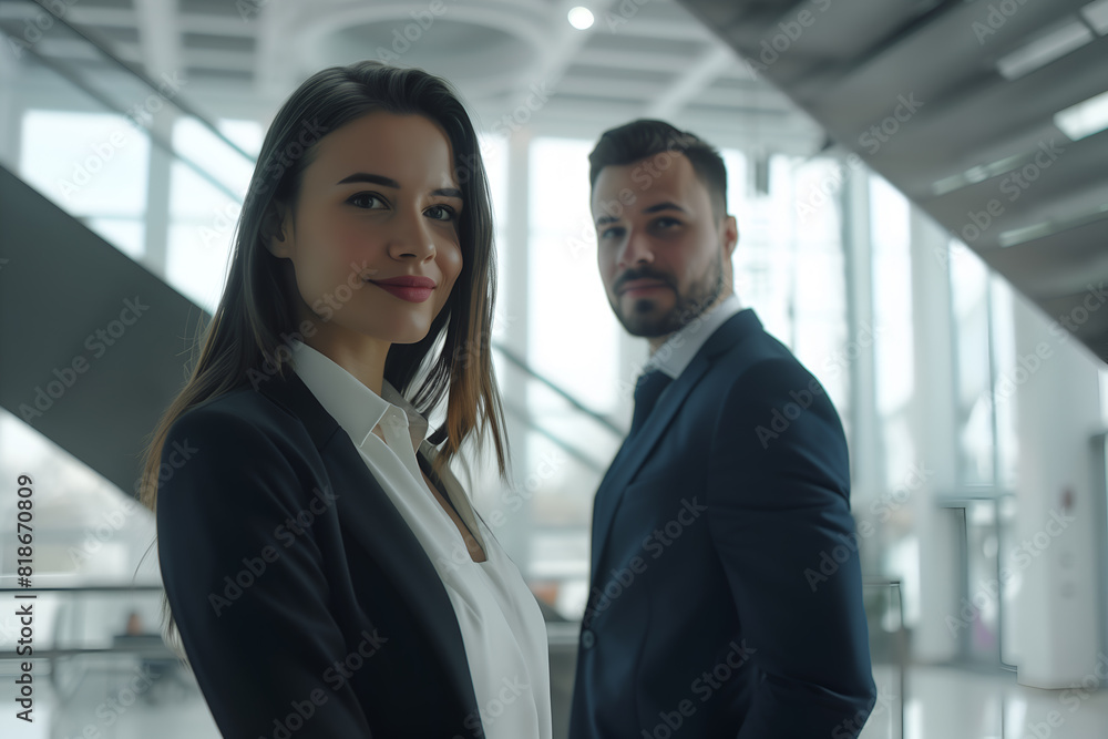 Happy office workers in office suit standing in the middle of the office Happy office workers in office suit standing in the middle of the office