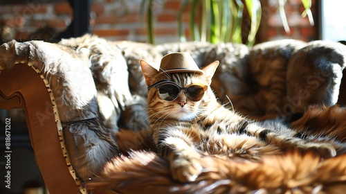 A trendy cat wearing a miniature hat and sunglasses, lounging on a fur-covered chaise longue in a fashion-forward setting photo