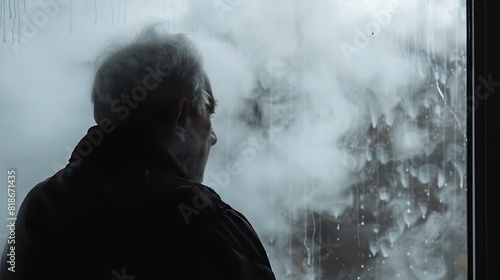 An aged man's silhouette seen through a foggy windowpane, his form barely discernible against the grayness of the outside world photo