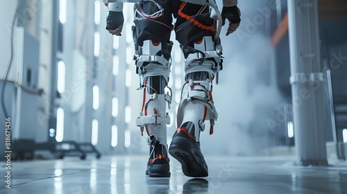 A person wearing a robotic exoskeleton, depicted in a healthcare or industrial setting, showcasing how these devices enhance human strength, endurance, and mobility #818671436