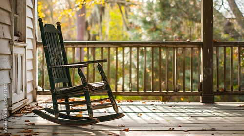 An empty rocking chair on a porch, swaying gently in the breeze, symbolizing the absence of its former occupant photo