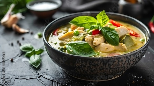 Fragrant bowl of Thai green curry served on a white ceramic dish, brimming with tender chicken, crunchy vegetables, and aromatic herbs and spices.