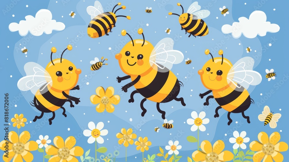 Happy smiling bees close up, ecosystem concept, banner Happy smiling bees close up, ecosystem concept, banner