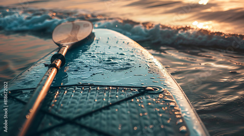 Paddle board on sea beach closeup