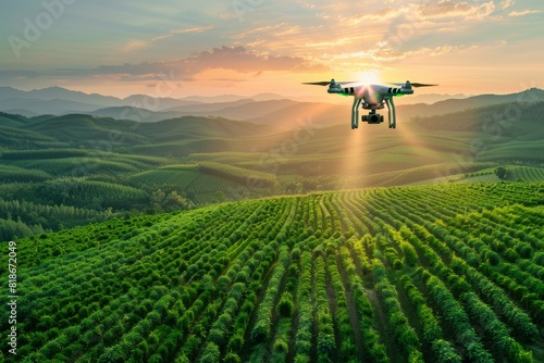 Sustainable isometric drone farming in the agriculture industry with drone vector graphics for modern precision farming.