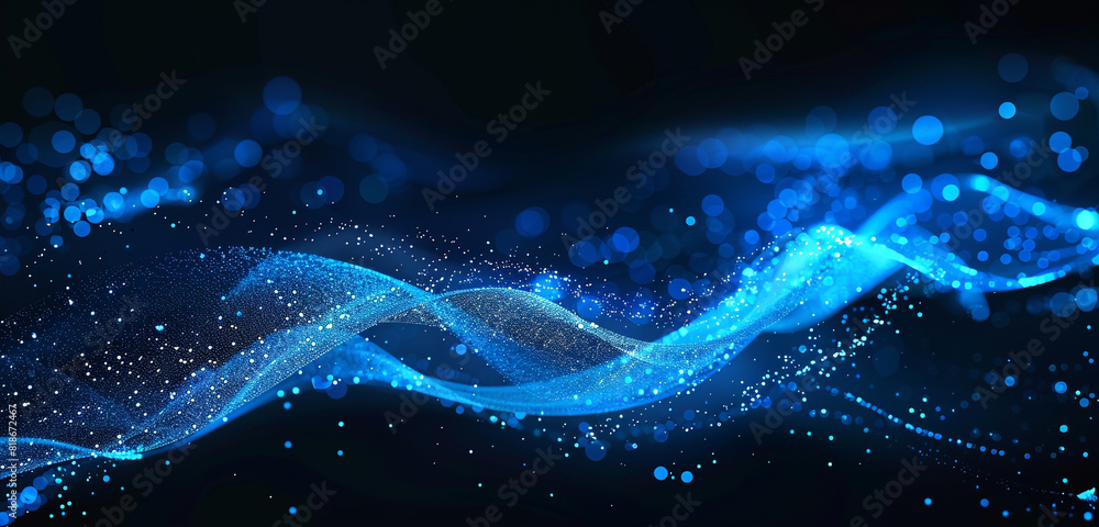 Fototapeta premium Shimmering sapphire blue wave with particles on dark.