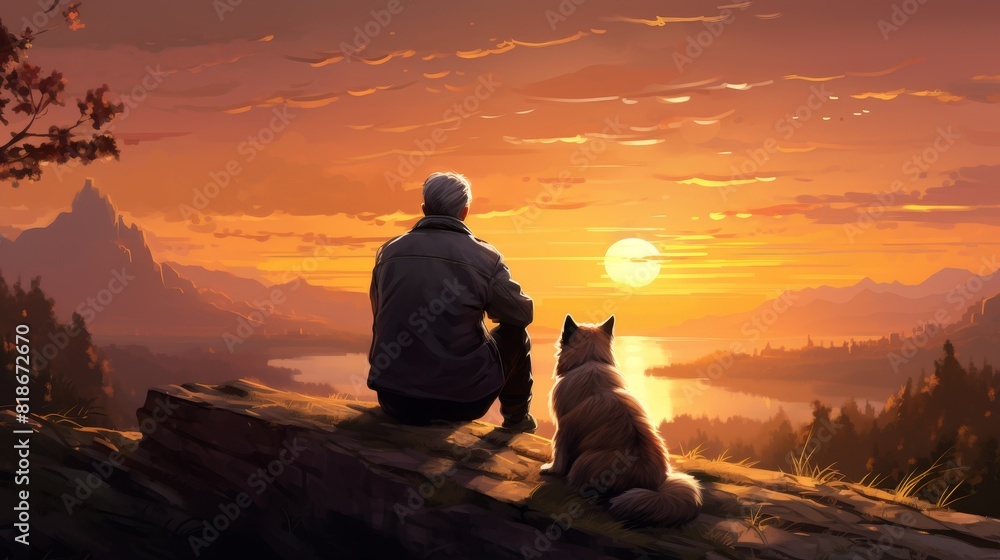 Person and dog enjoying a cozy sunset