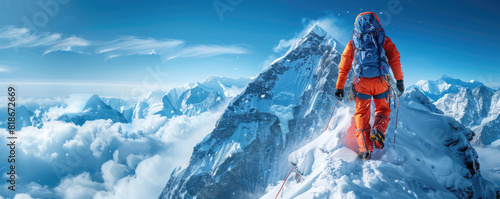 Climber on his way to the top of Mount Everest in orange clothes and complete equipment.
