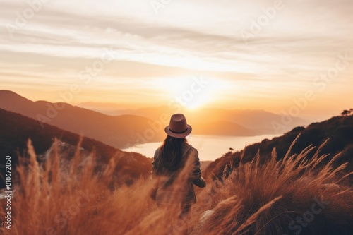 young woman enjoy the sunset on a background of mountains