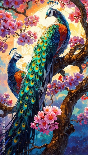 Colorful Illustration Painting of peacocks sitting on a branch