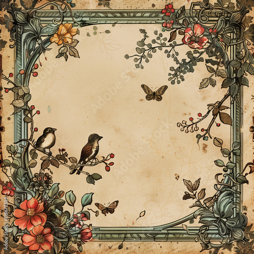 Illustrated frame with birds and flowers #818672889