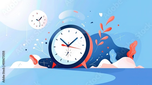 Create a modern and visually appealing flat design illustration of an alarm clock with a clock face