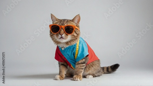 Summer travel concept banner. Tour operator promotion. Funny cat wearing sunglasses going on vacation on white background © Talha