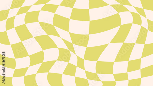 Groovy psychedelic checkerboard vector background. Retro abstract playful green checkered pattern