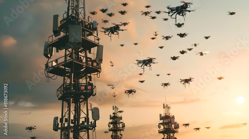  a 5G cell tower bristling with multiple antennas, surrounded by a swarm of connected drones, showcasing the power and reach of massive MIMO technology 
